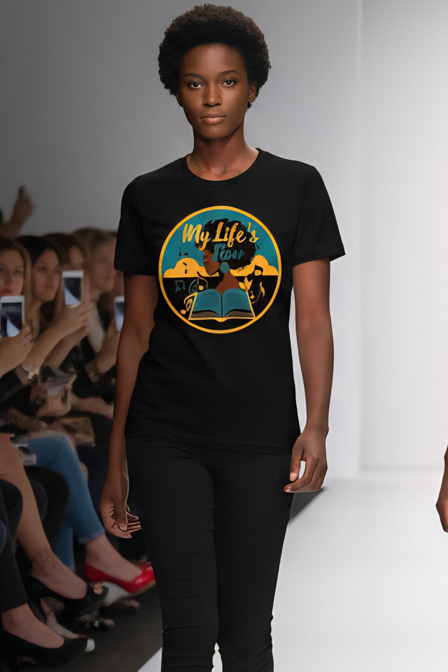 T-Shirt Flow 4 Features An African American Woman With Her Book Open and Music Flowing