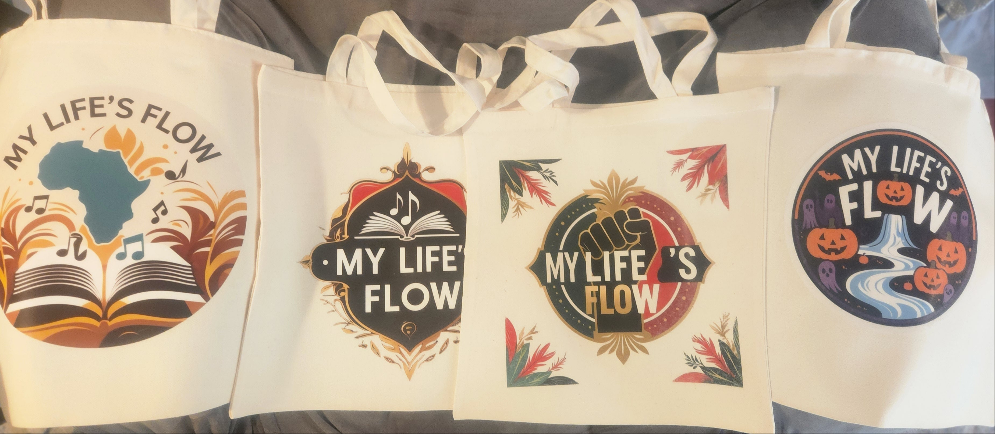My Life's Flow 15x16in Reusable Tote in Black or Canvas With Strong African American Images