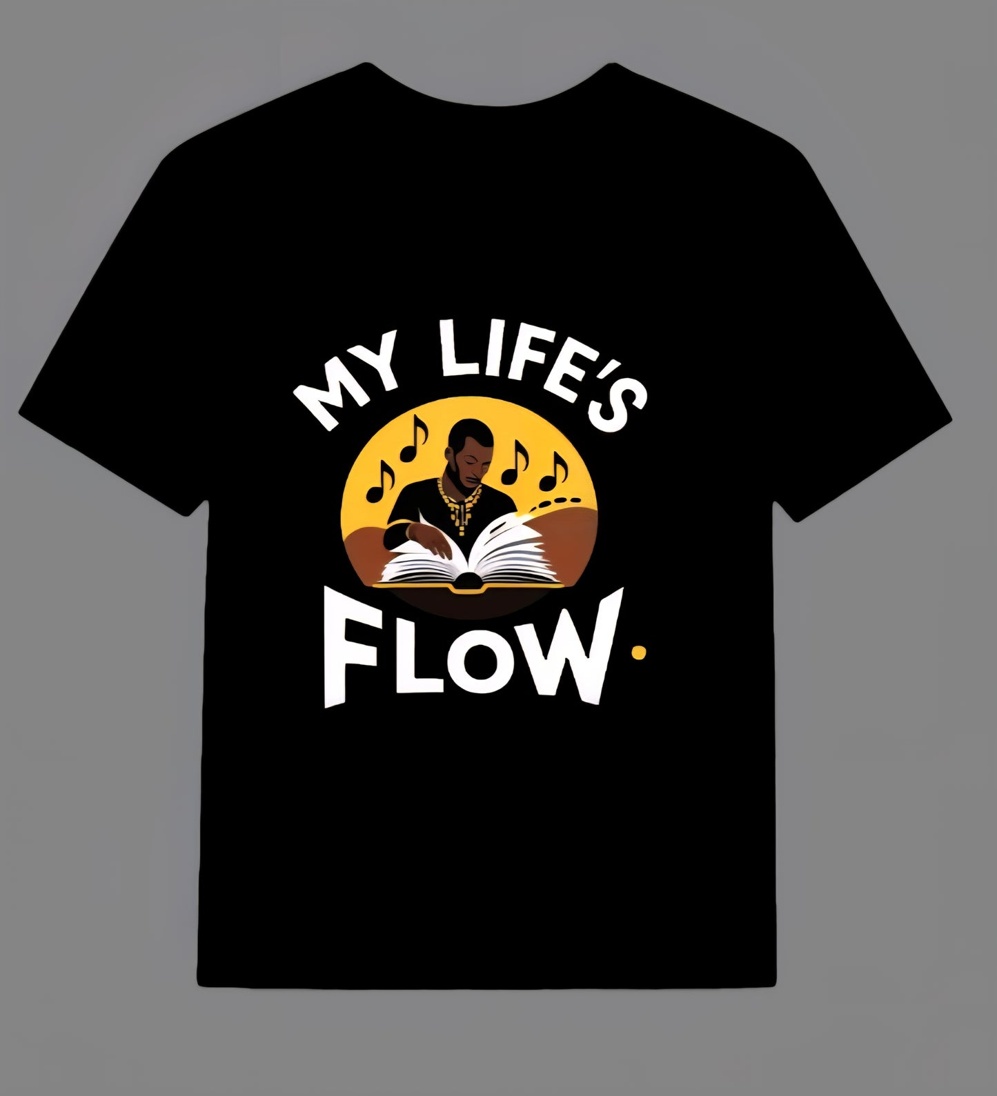 T-Shirt Flow 7 Features A African American Male Reading and Listening to Music