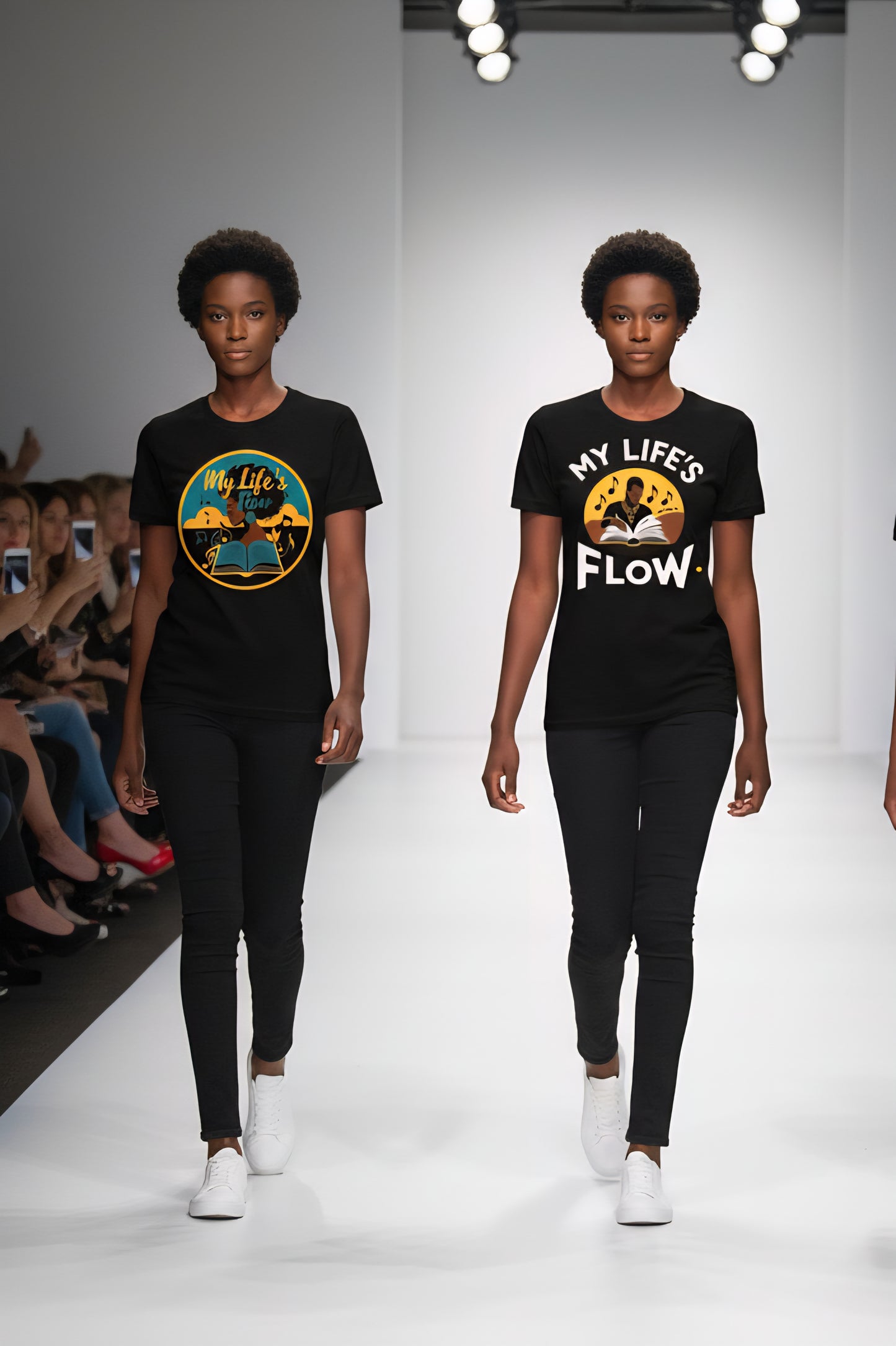 T-Shirt Flow 4 Features An African American Woman With Her Book Open and Music Flowing