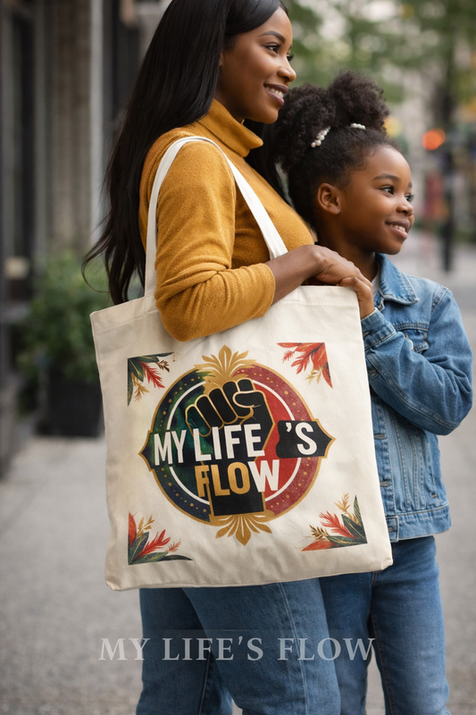 My Life's Flow 15x16in Reusable Tote in Black or Canvas With Strong African American Images