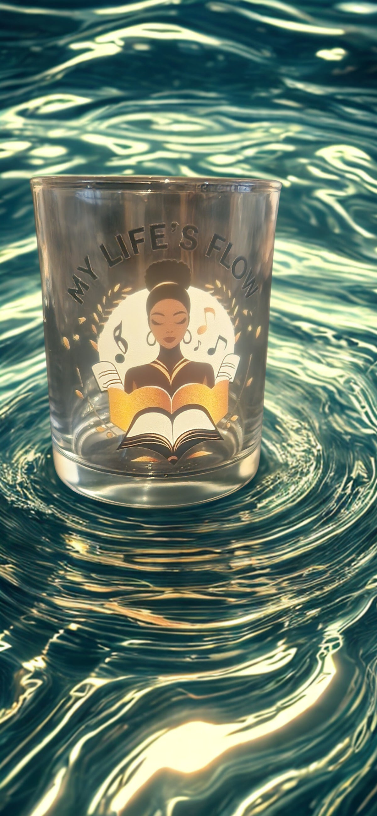 Premium Whiskey Glass 1pc w/Giftbox Flow 8 Features An African American Woman With Her Book Open And Listening To Music