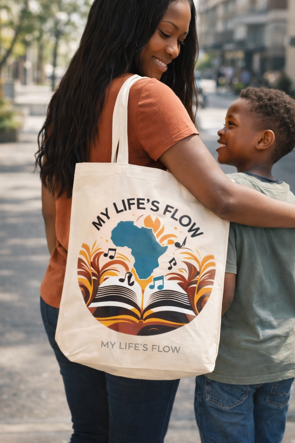 My Life's Flow 15x16in Reusable Tote in Black or Canvas With Strong African American Images