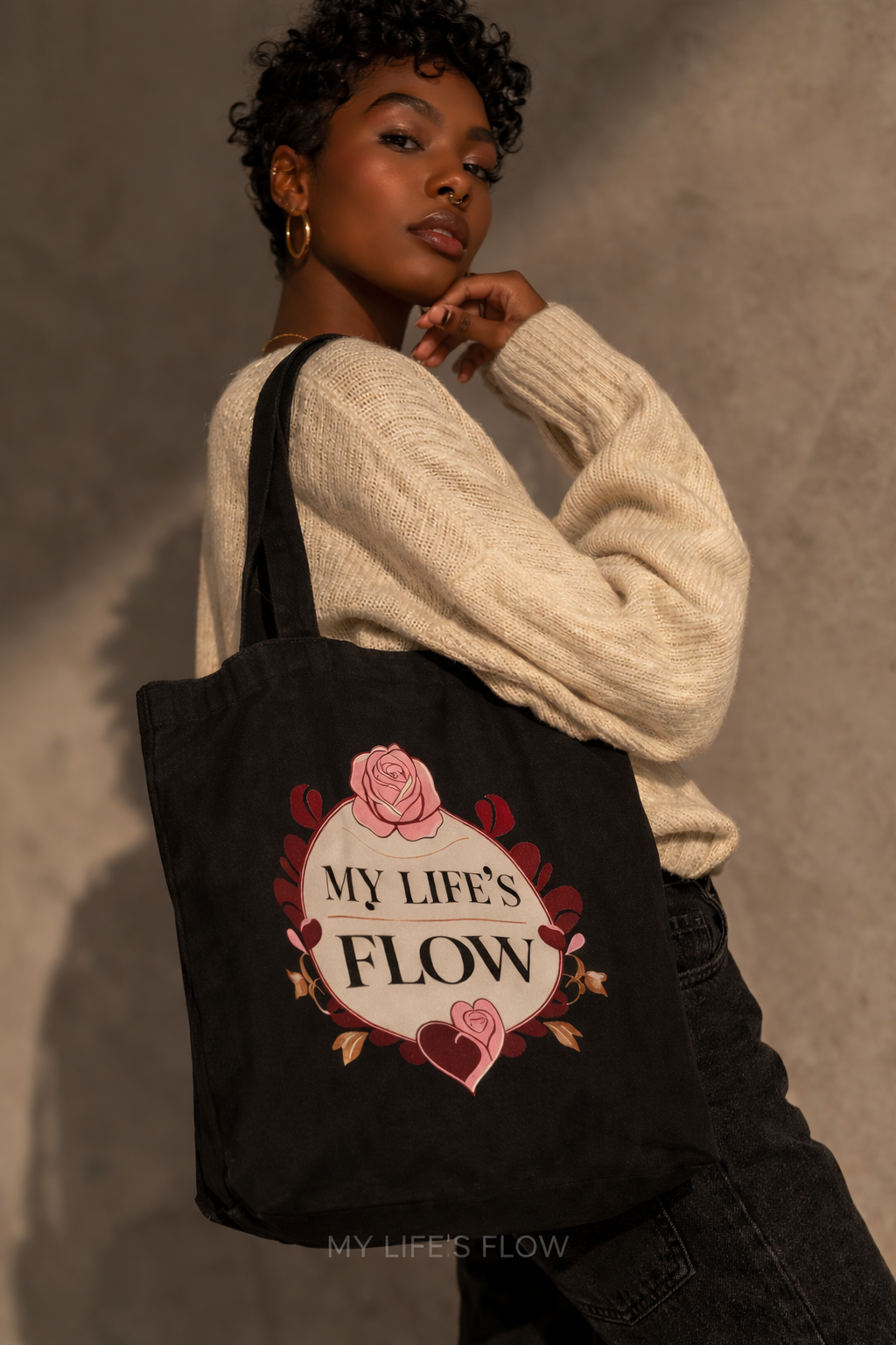 My Life's Flow 15x16in Reusable Tote in Black or Canvas With Strong African American Images