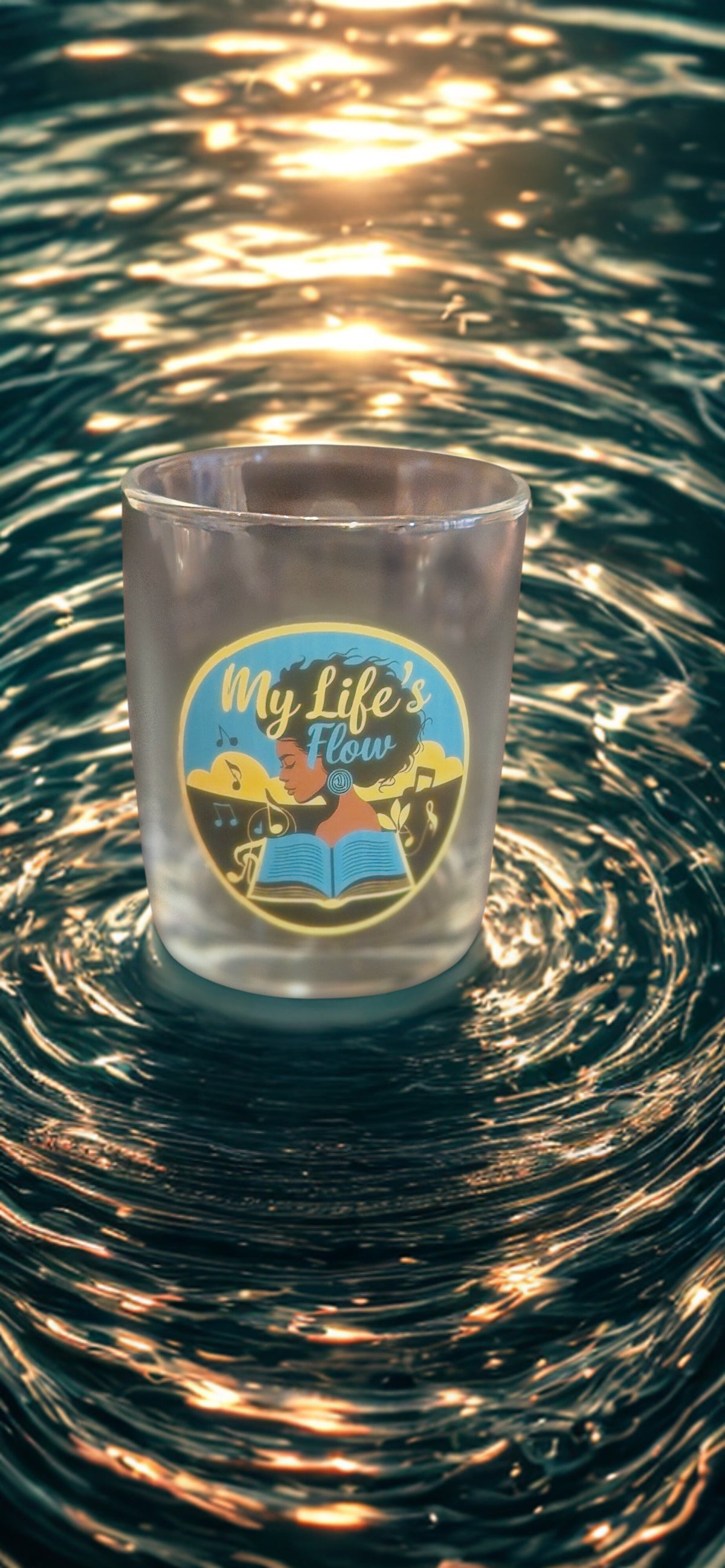 Premium Whiskey Glass 1pc w/Giftbox Flow 5 Features An African American Woman With An Afro With Her Book Open And Music Flowing