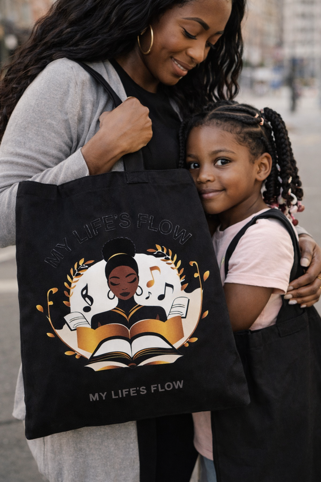 My Life's Flow 15x16in Reusable Tote in Black or Canvas With Strong African American Images