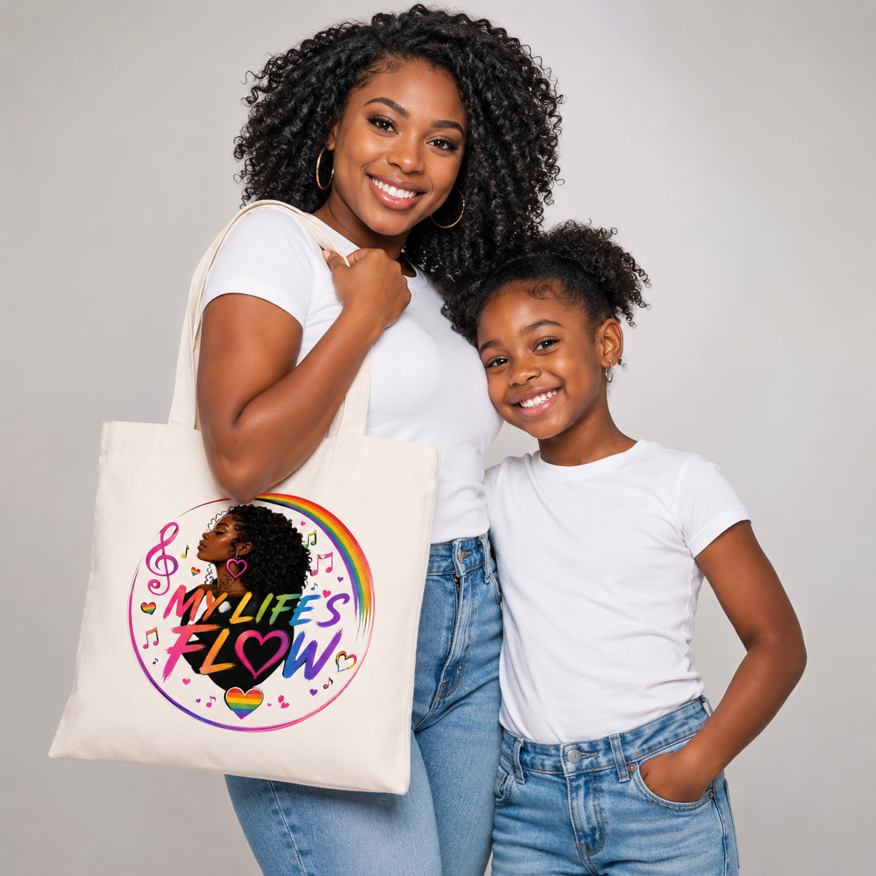 My Life's Flow 15x16in Reusable Tote in Black or Canvas With Strong African American Images