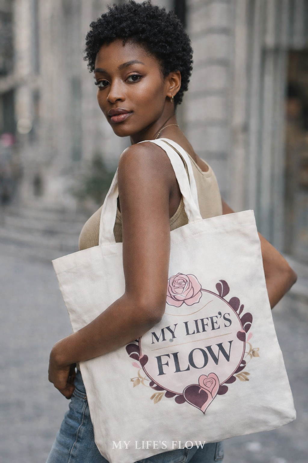 My Life's Flow 15x16in Reusable Tote in Black or Canvas With Strong African American Images